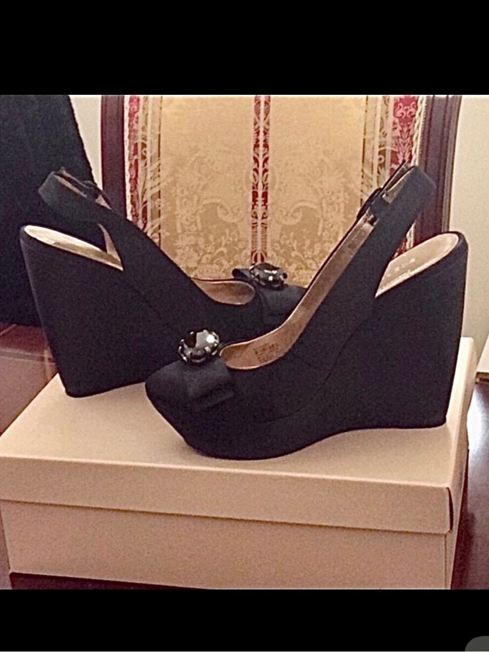 BCBGenaration Jannie black embellished Satin Platform Wedge Sandals Sz.8.5
